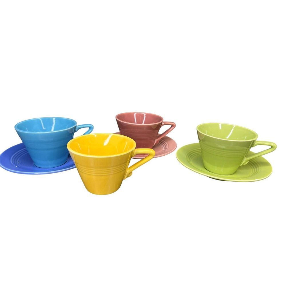 Homer Laughlin China - Harlequin 4 Cups 3‎ Saucers - Chartreuse Yellow Blue Rose